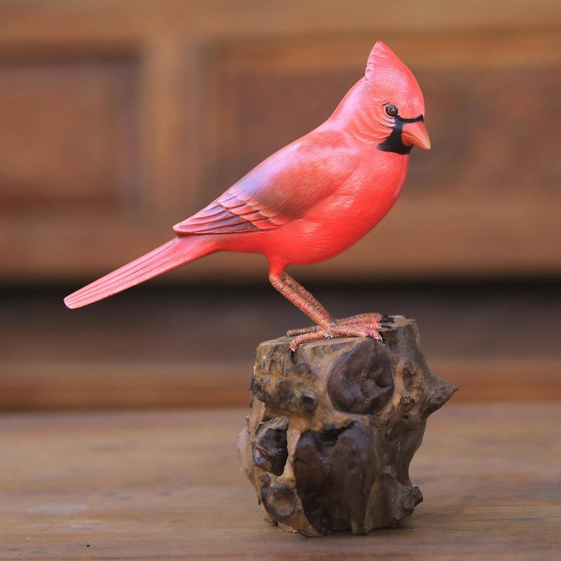 Novica Handmade Perched Virginia Cardinal Wood Sculpture