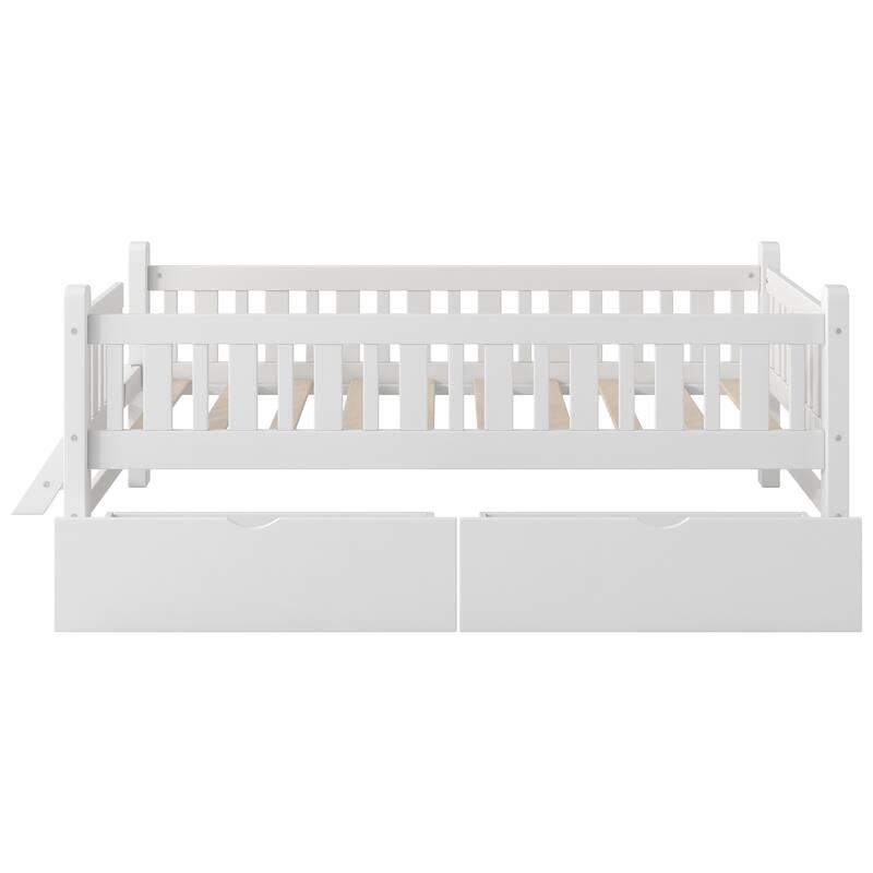 Wood Twin Size Platform Bed with Guardrail and 2 Drawers