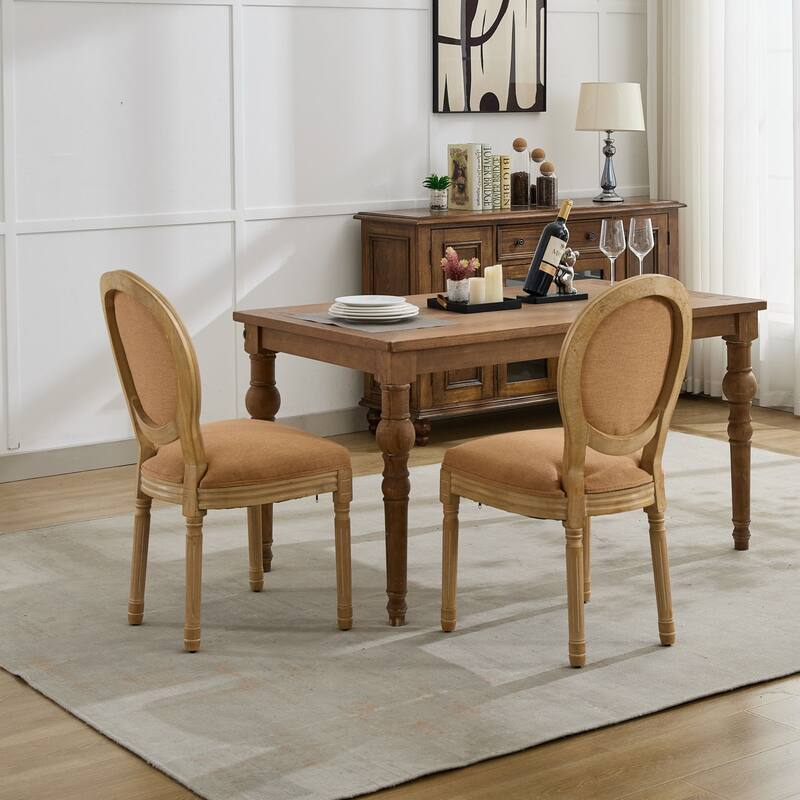 French Style Solid Wood Frame Upholstered Dining Chairs Set of 2, Antique Accent Chairs with Linen or Rattan Back