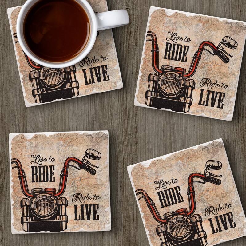 Live to Ride 4-Pack Absorbent Stone Coasters with Protective Cork Backing 4" Square Made in The USA Easily Wipes Clean