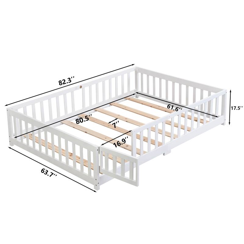 Wood Floor Bed with Door and Fence for Kids' Rooms