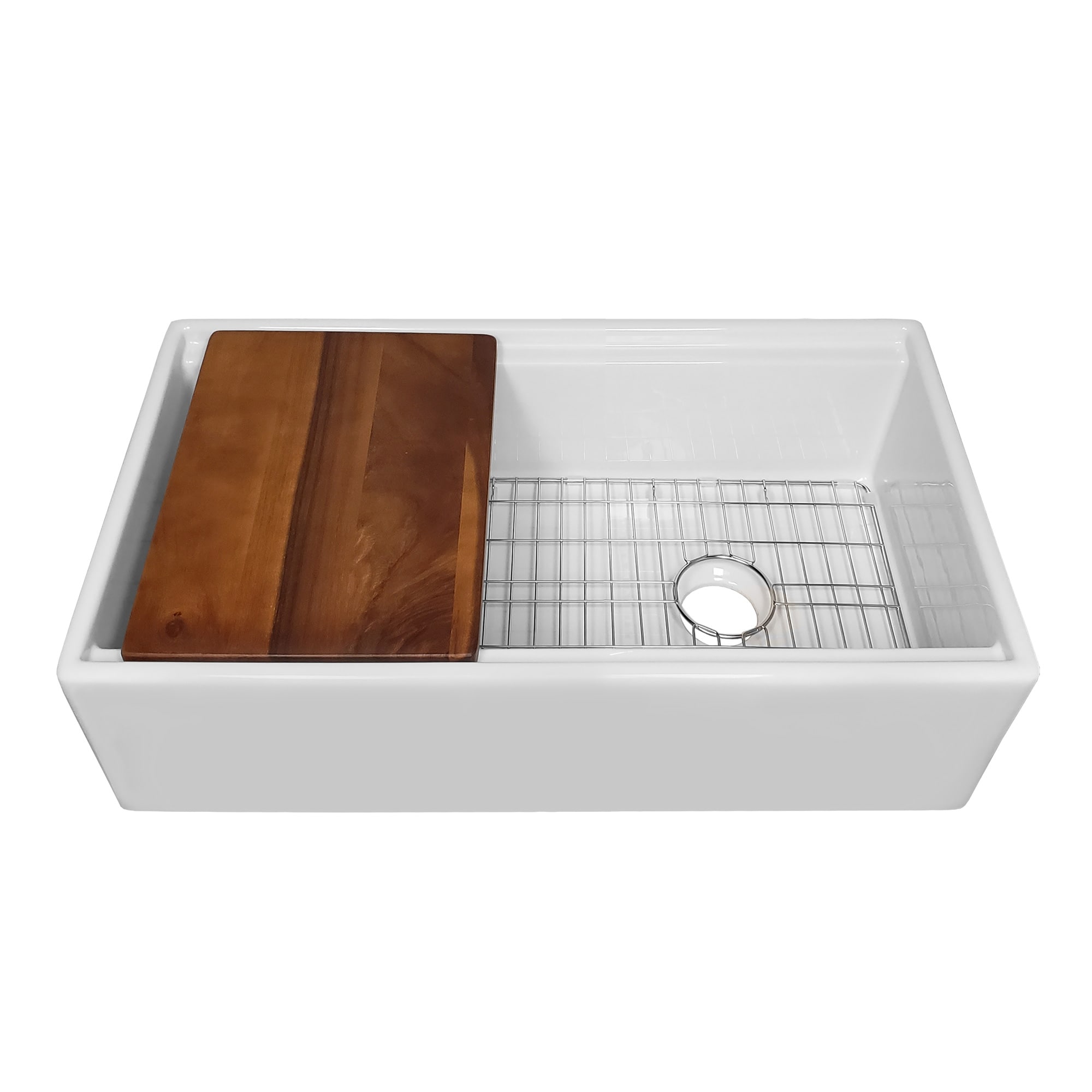 33" Reversible Single Bowl Fireclay Sink Set with a Smooth Front Apron, Walnut Wood Cutting Board and Stainless Steel Grid