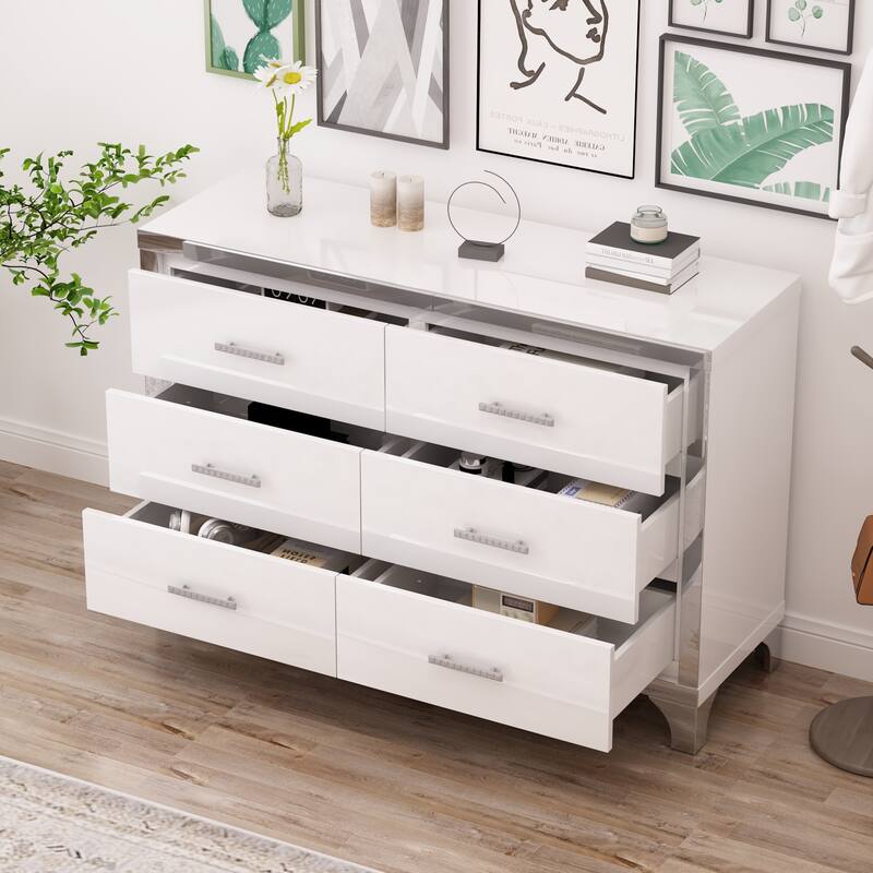 Elegant High Gloss Dresser with Metal Handle,Mirrored Storage Cabinet with 6 Drawers for Bedroom