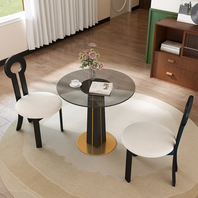 Modern Round Negotiation Table - 85cm Tempered Glass Top, Black Wooden Legs with Golden Metal Base(Only the Negotiation Table) - Black