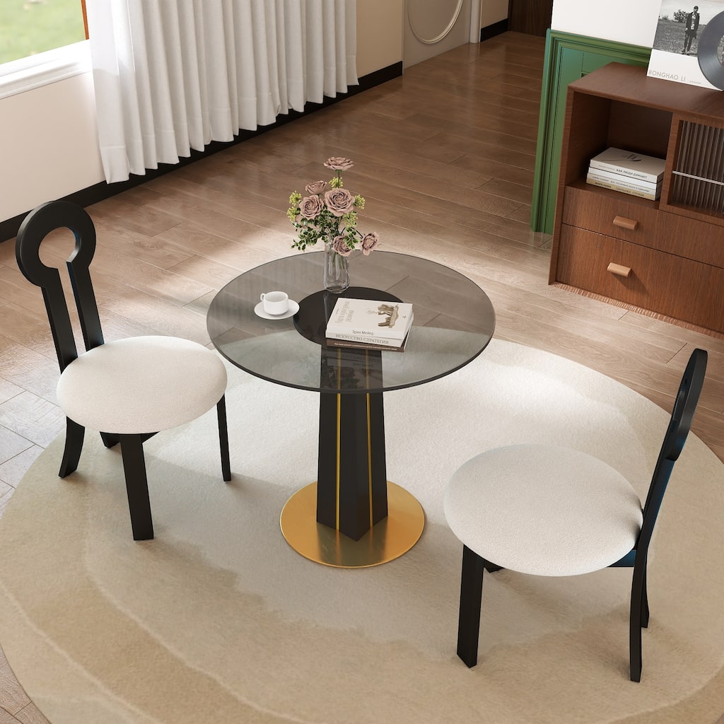 Modern Round Negotiation Table - 85cm Tempered Glass Top, Black Wooden Legs with Golden Metal Base(Only the Negotiation Table)