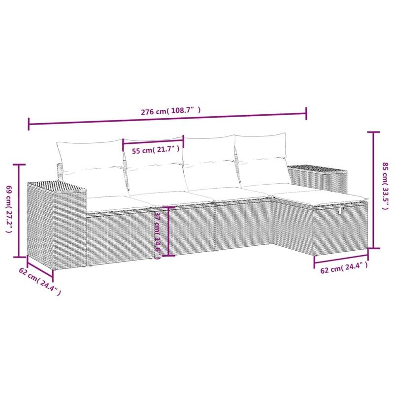 vidaXL Patio Sofa Set with Cushions Outdoor Conversation Furniture Poly Rattan - 21.7" x 24.4" x 27.2"