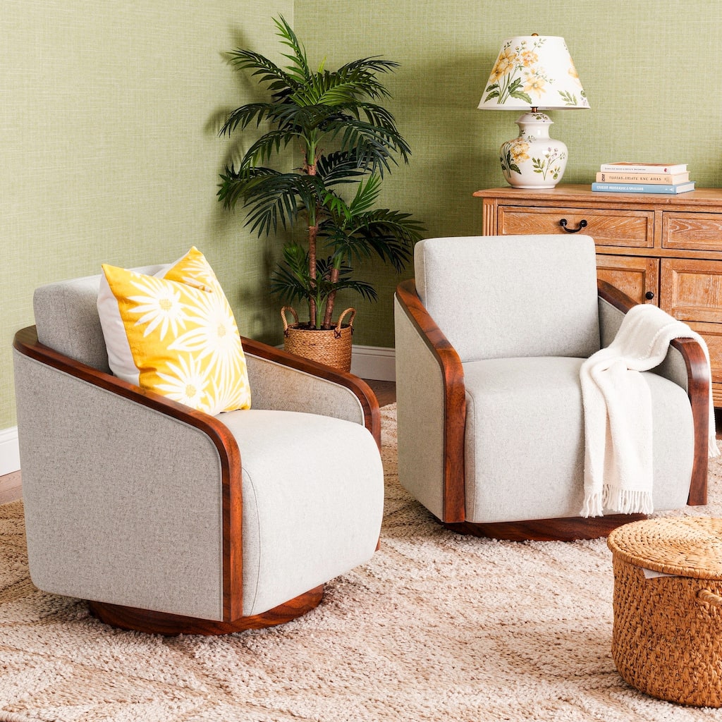 Set of 2 Modern 360° Swivel Accent Barrel Chairs with Wood Arms