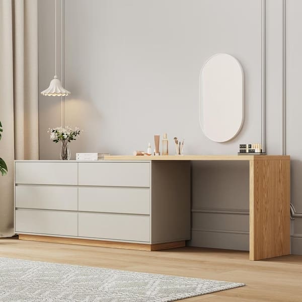 55.2 Inch White Corner L-Shaped Dressing Table with 6 Drawers Perfect for Bedrooms or Study Rooms - Khaki - 6-drawer