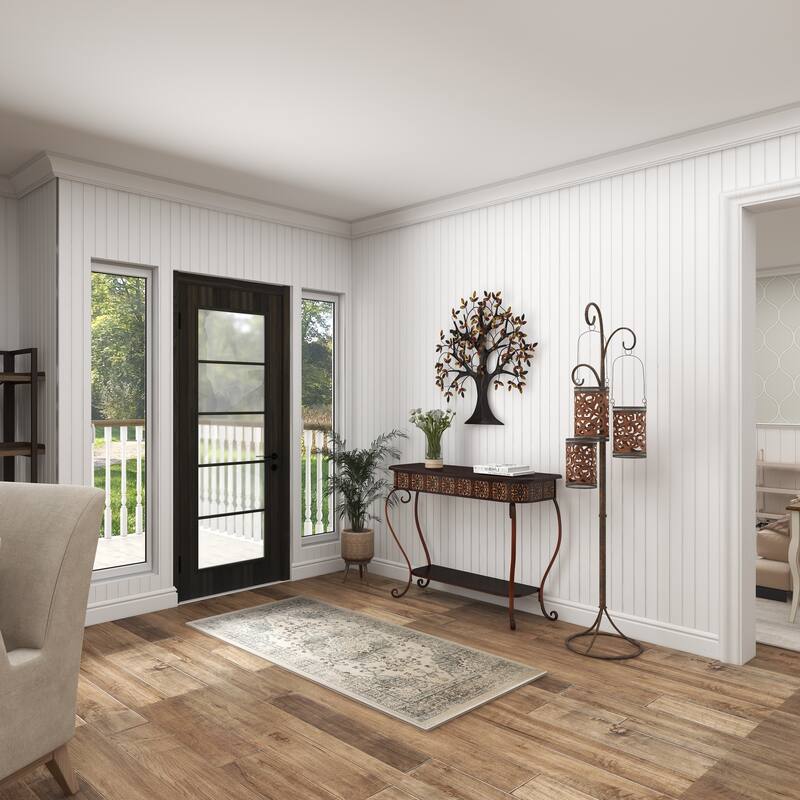 Brown Metal Embossed 1 Shelf Floral Console Table with Ornate Scroll Legs