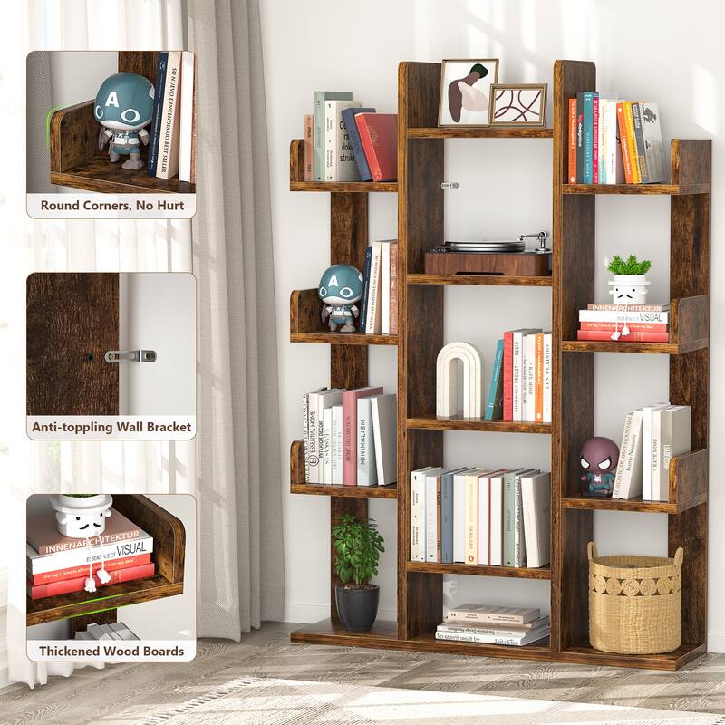 Industrial Wood Bookshelves with 13 compartments,Tree-Shaped Bookcase,Books Organizer Display Shelves