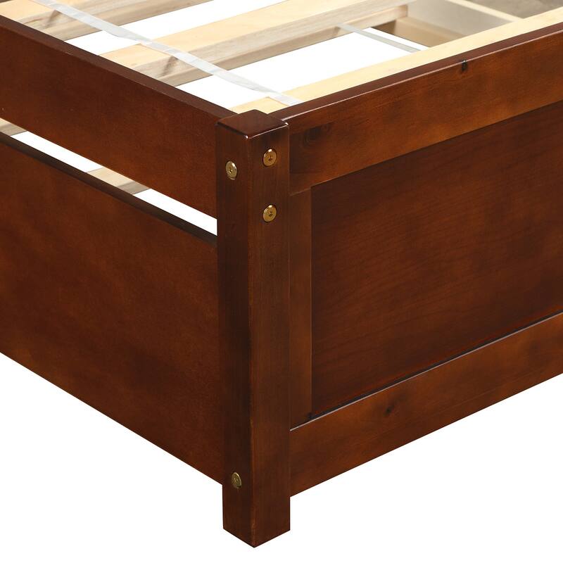 Twin Size Wood Platform Bed Frame with Trundle, Walnut Finish