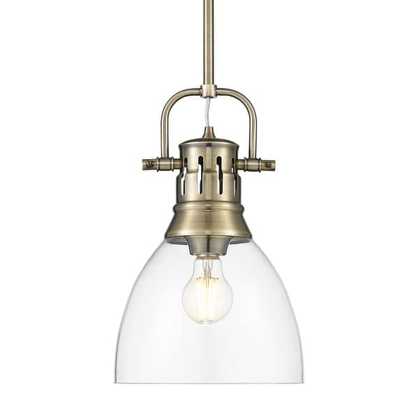 slide 2 of 2, Yep by Golden Lighting Duncan 1-light 9in rod hung Pendant in Aged Brass and Clear Glass