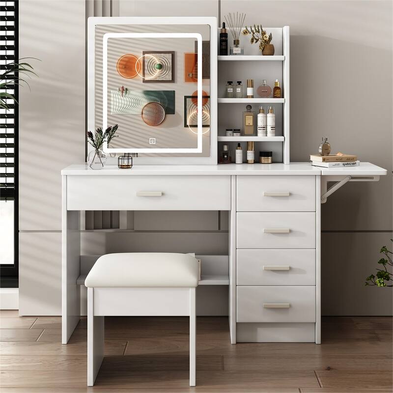 Bedroom Wood Vanity Set with Mirror,Lights,Open Shelves and Chair