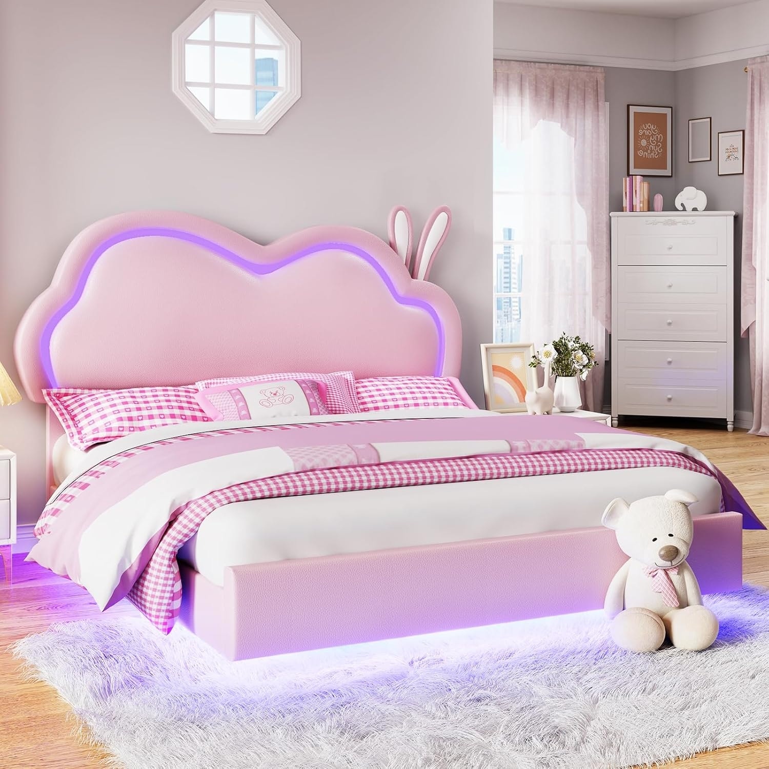 Pink LED Upholstered Floating Bed with Cloud Headboard, No Box Spring Needed, Full Size