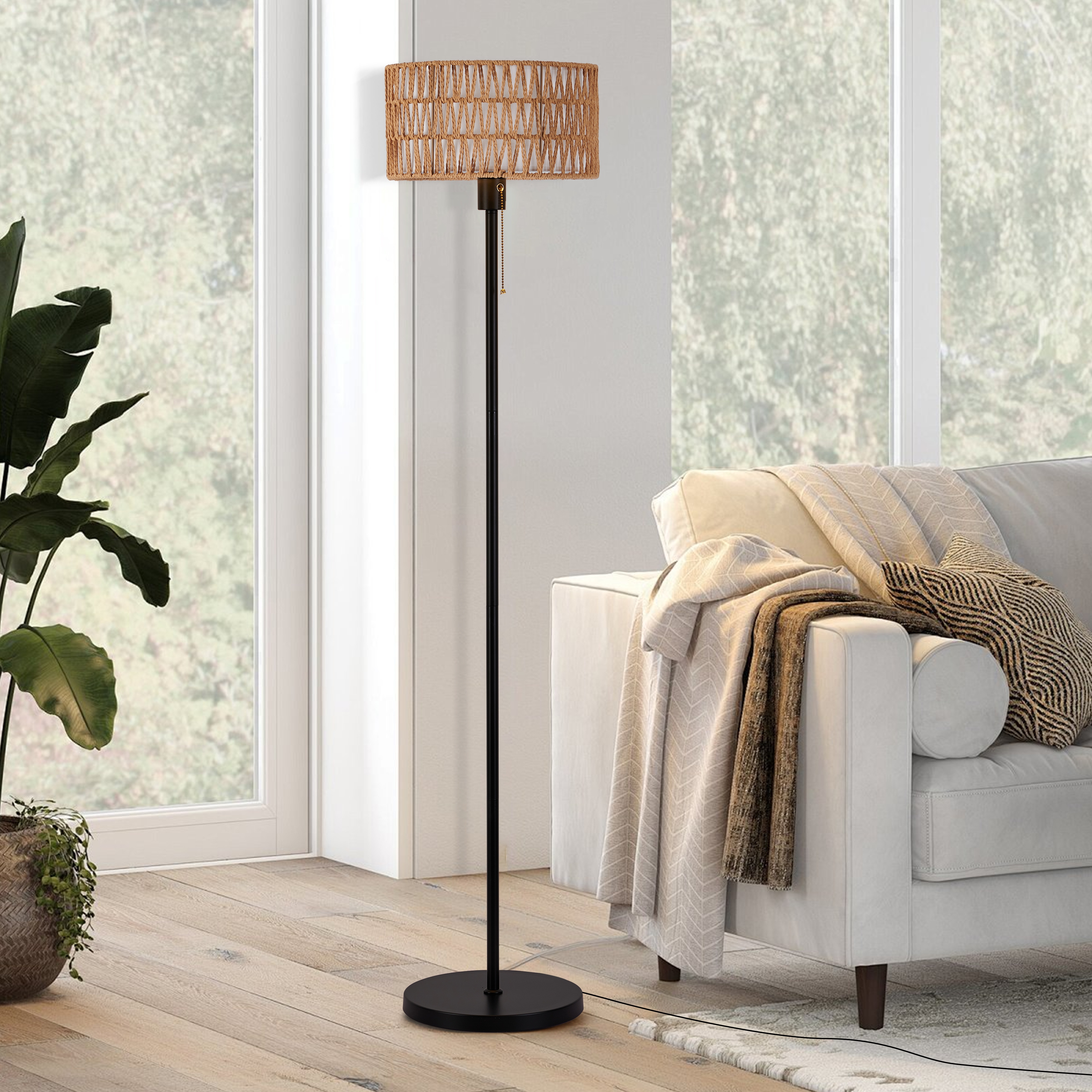 Netin 57 Coastal Bohemian Rattan Iron LED Floor Lamp with Pull Chain Adjustable 3 Color Temperatures