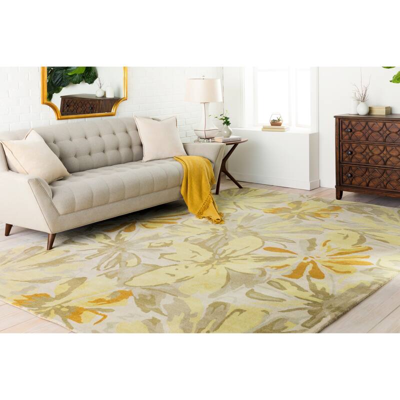 Handmade Putty Transitional Floral Wool Area Rug