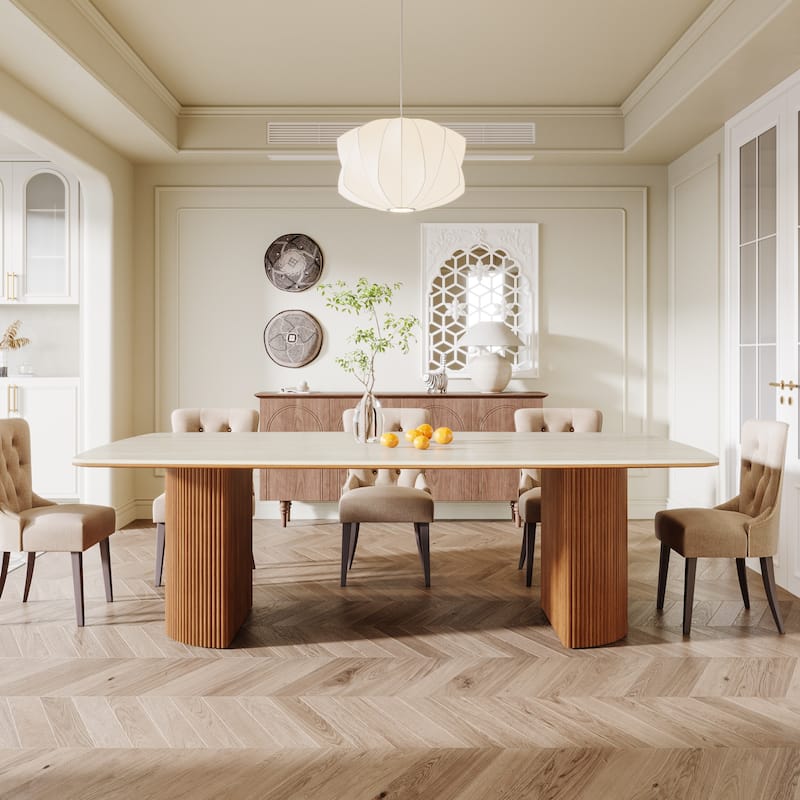 78.74-inch Long Dining Table with Travertine Slab Top for Kitchen Dining Room