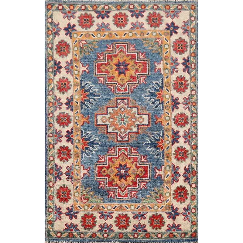 Hand Knotted Oriental 100% Wool Carpet Traditional Geometric Navy Blue & Blues Kazak Area Rug - 3' 1'' X 1' 11''