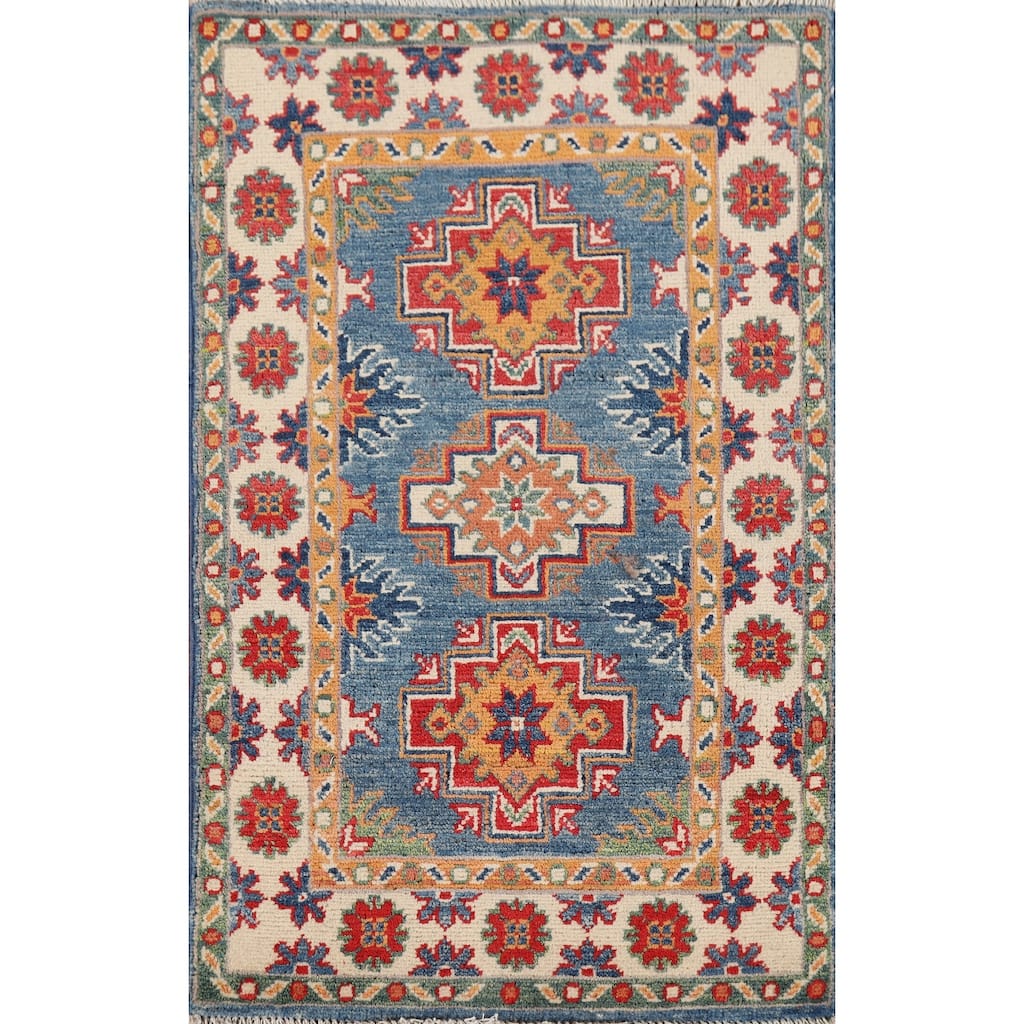 Hand Knotted Oriental 100% Wool Carpet Traditional Geometric Navy Blue & Blues Kazak Area Rug - 3' 1'' X 1' 11''