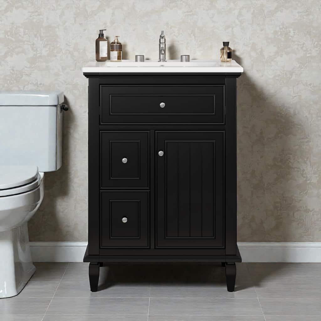 24" Bathroom Vanity with Sink, Flip Drawer & 2 Drawers, Solid Wood Frame, Adjustable Shelf, Ceramic Top