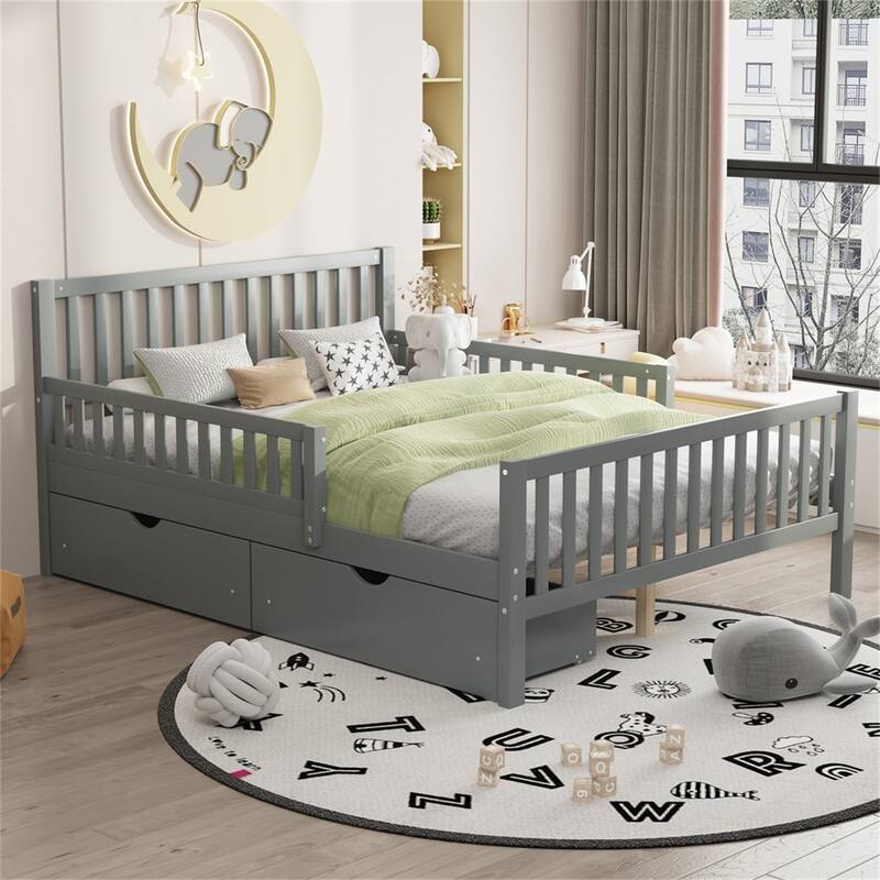 Solid Wood Platform Bed Frame with Guardrail, Drawer