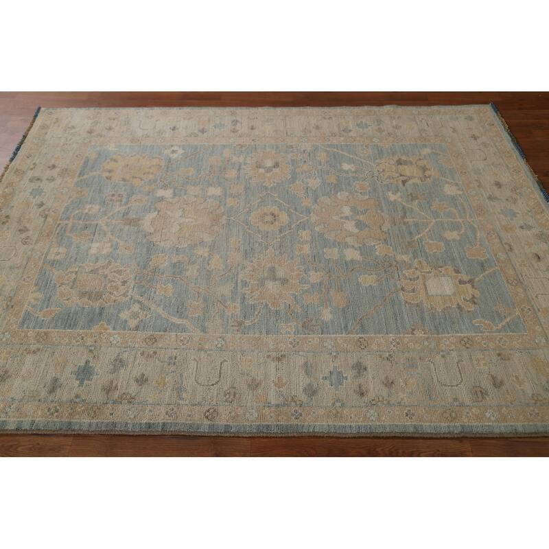 Vegetable Dye Blue Oushak Turkish Area Rug Hand-knotted Wool Carpet - 5'3" x 7'0"
