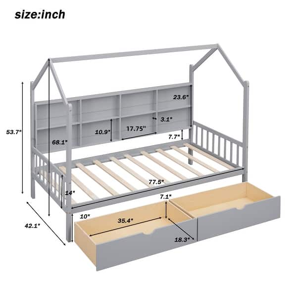 dimension image slide 1 of 2, Wooden Twin Size House Bed with 2 Drawers,Kids Bed with Storage Shelf, Gray