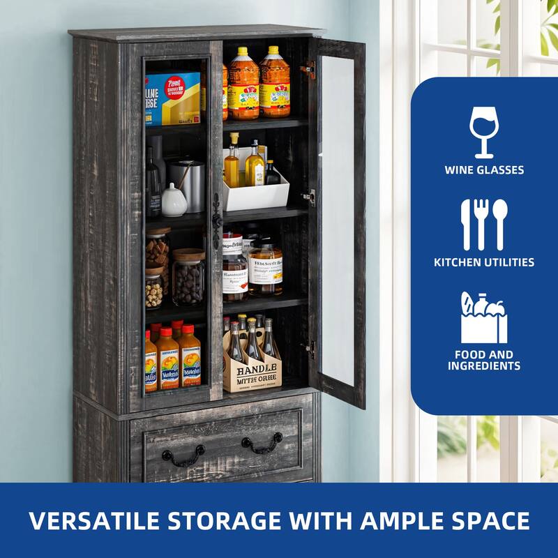 Moasis 76" Tall Kitchen Pantry Cabinet with Glass Doors And 2 Large Drawers