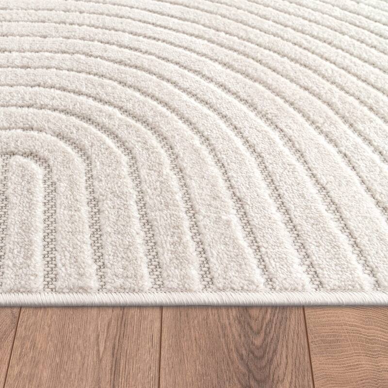 Minimalist In- & Outdoor Rug Boho with Curved Line Pattern in Silver Cream