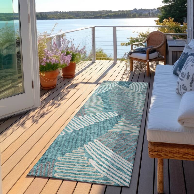 Machine Washable Indoor/ Outdoor Chantille Contemporary Squiggles Rug - Teal - 2'3" x 7'6"