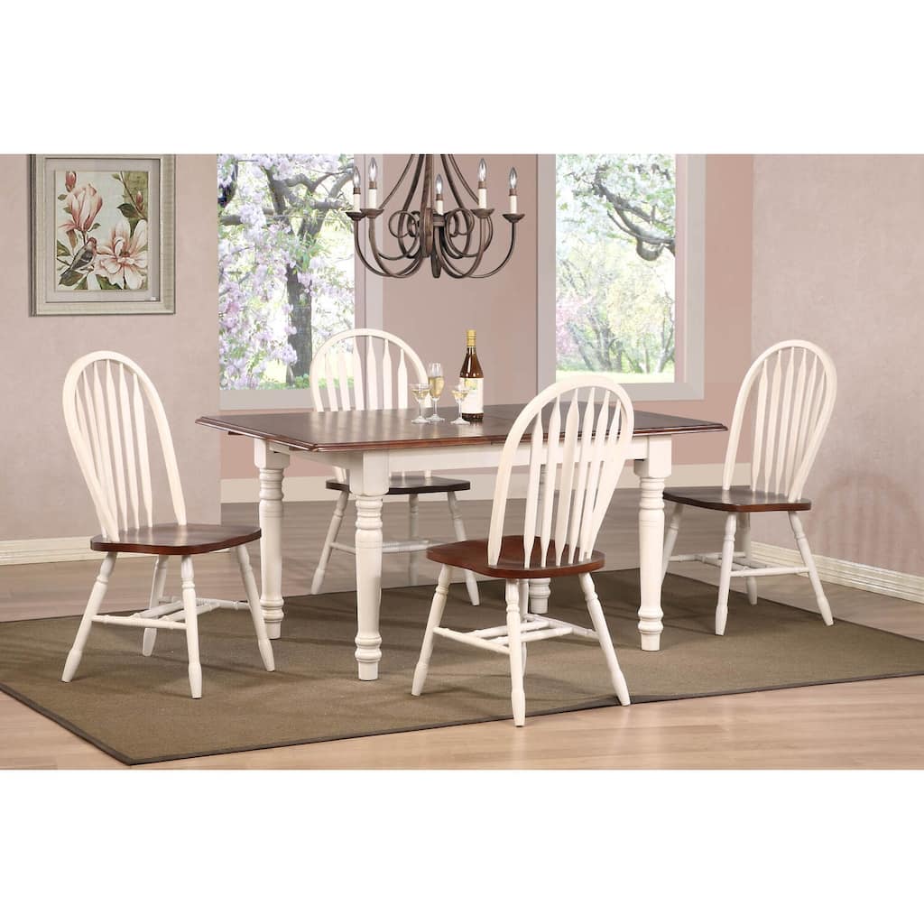 Extendable Dining Set 60" Rectangular Table, 5 Piece Retro Arrowback Chairs, Antique White/Chestnut Brown