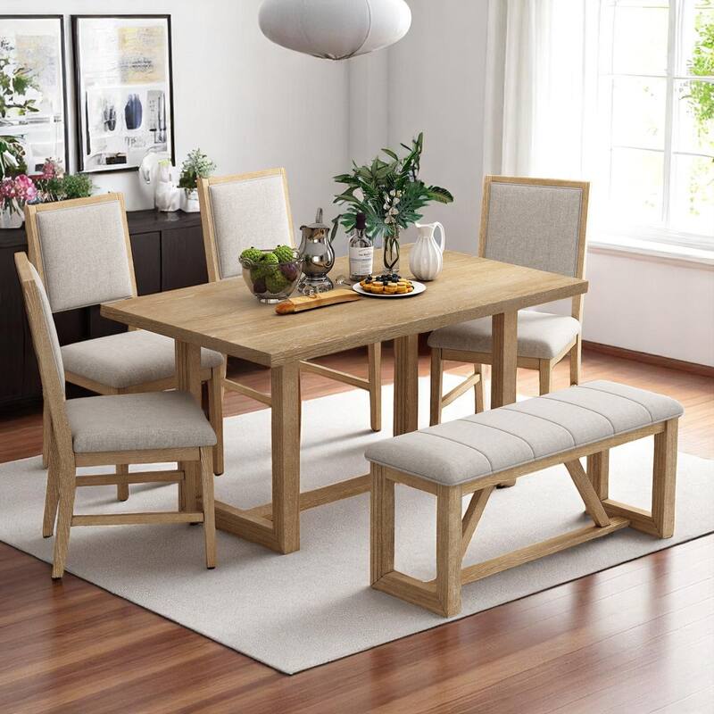 6-Piece Dining Table Set for 6, 60" Wooden Kitchen Table with 4 Chairs & Bench - Rubberwood Frame for Dining Room & Kitchen - Natural