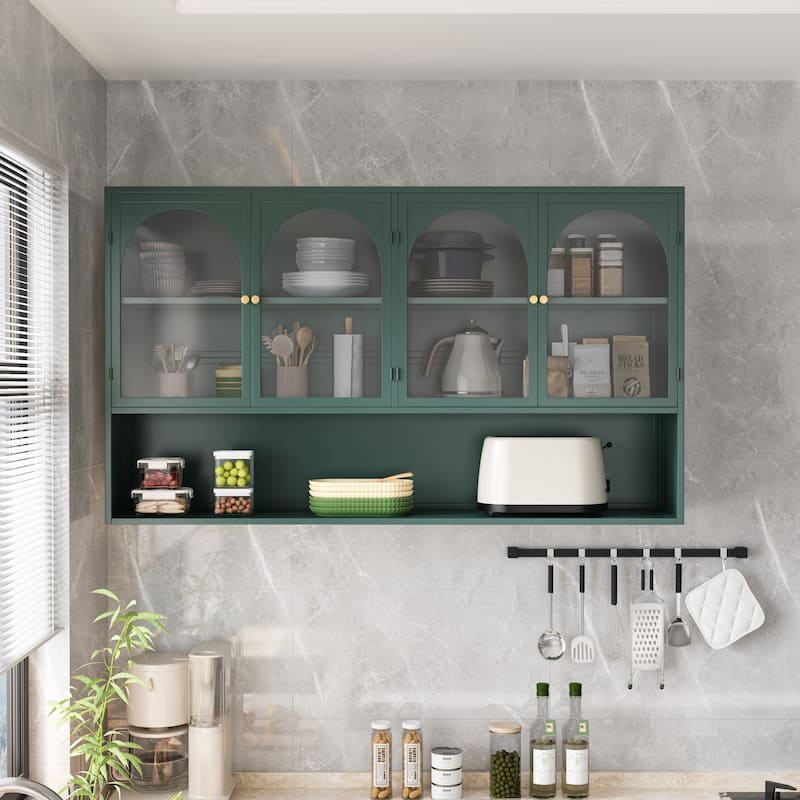 Wall mounted four door glass storage cabinet for bathroom