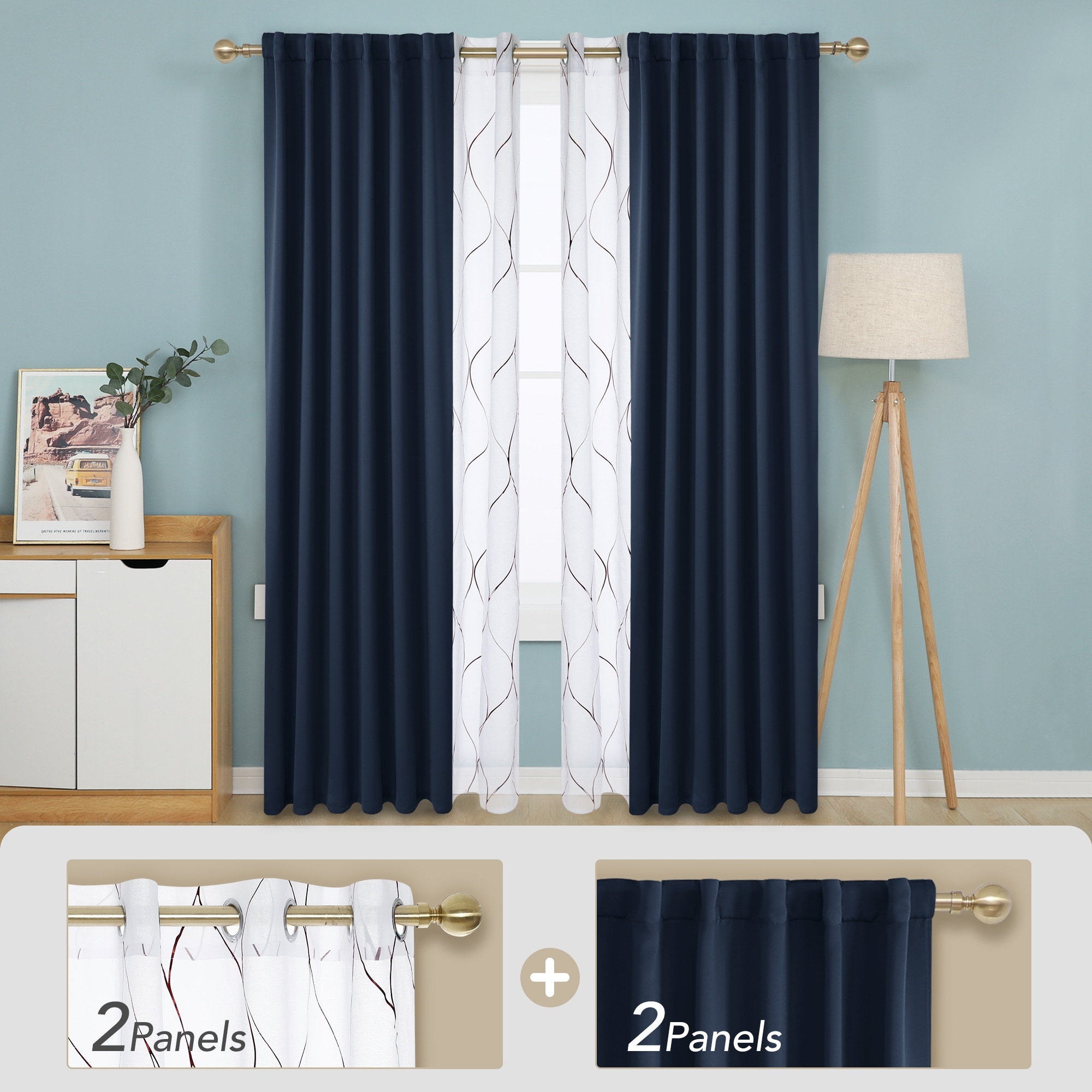 Deconovo Mix & Match Blackout and Bronze Print White Sheer 4 Piece Curtain Panel Set