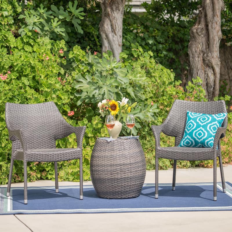 Pierce Outdoor 3-Piece Wicker Stacking Chair Chat Set by Christopher Knight Home - Grey