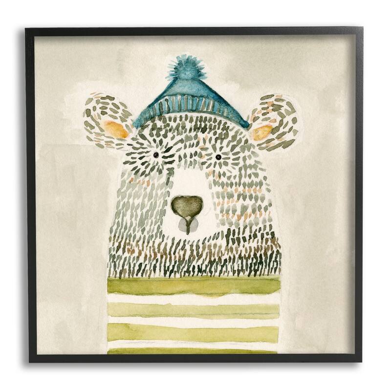 Stupell Hipster Bear with Striped Shirt Blue Beanie Framed Wall Art - Brown - 17 x 17 - Black