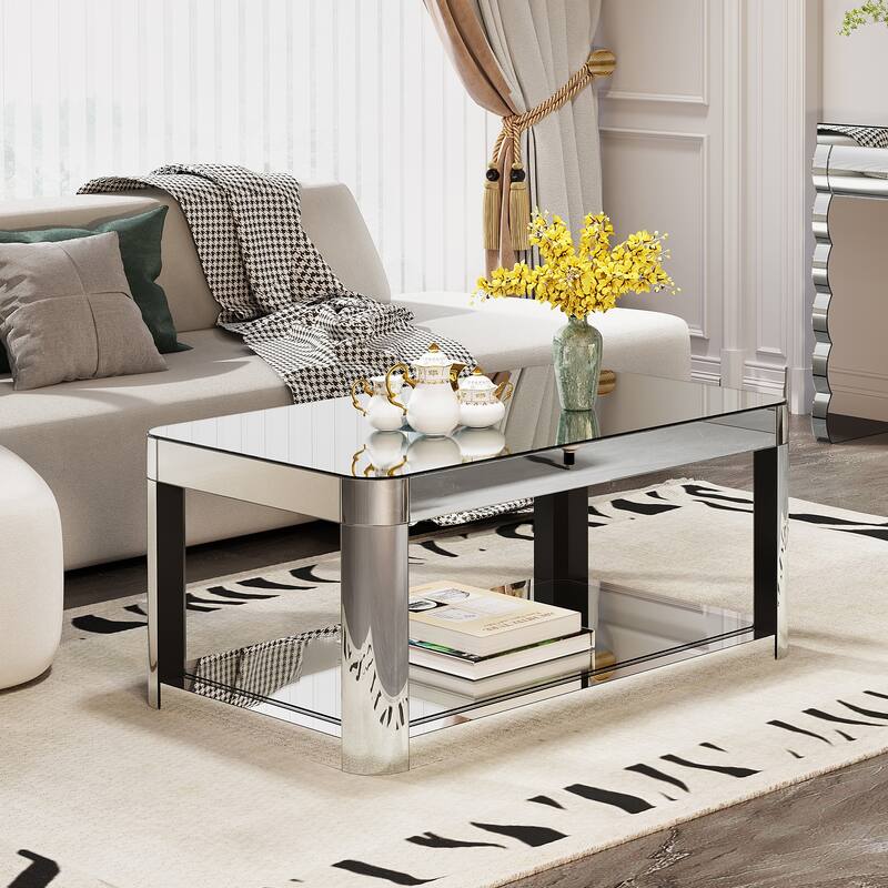 Modern Rectangular Center Table Floor-standing Mirrored Coffee Table Glam Silver Accent Table with Curved Edge and Open Shelf