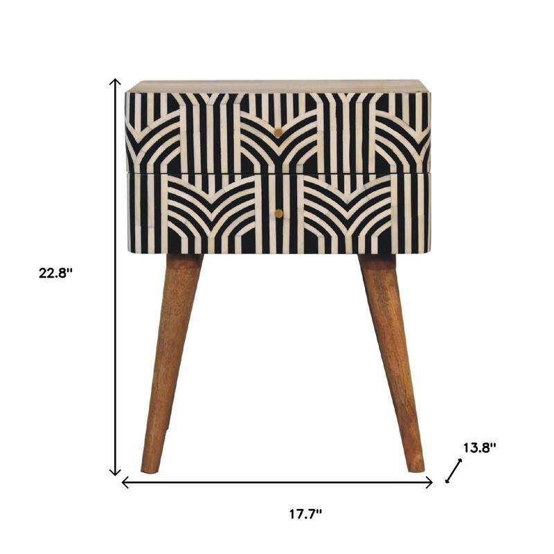 HomeRoots 23" Black Ivory And Light Brown Solid Wood Geometric Bone Inlay Two Drawer Nightstand