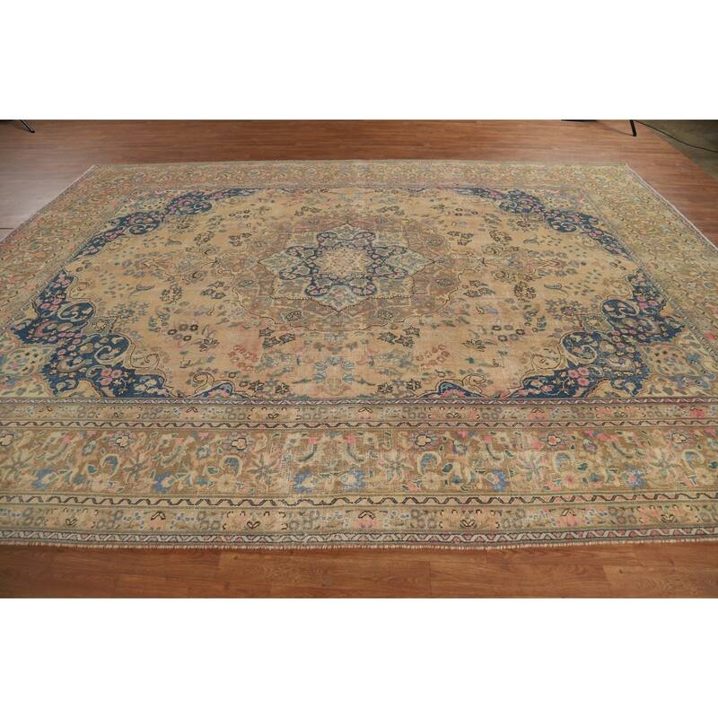Mashad Persian Vintage Rug Hand-Knotted Traditional Wool Carpet - 9'7" x 12'10"