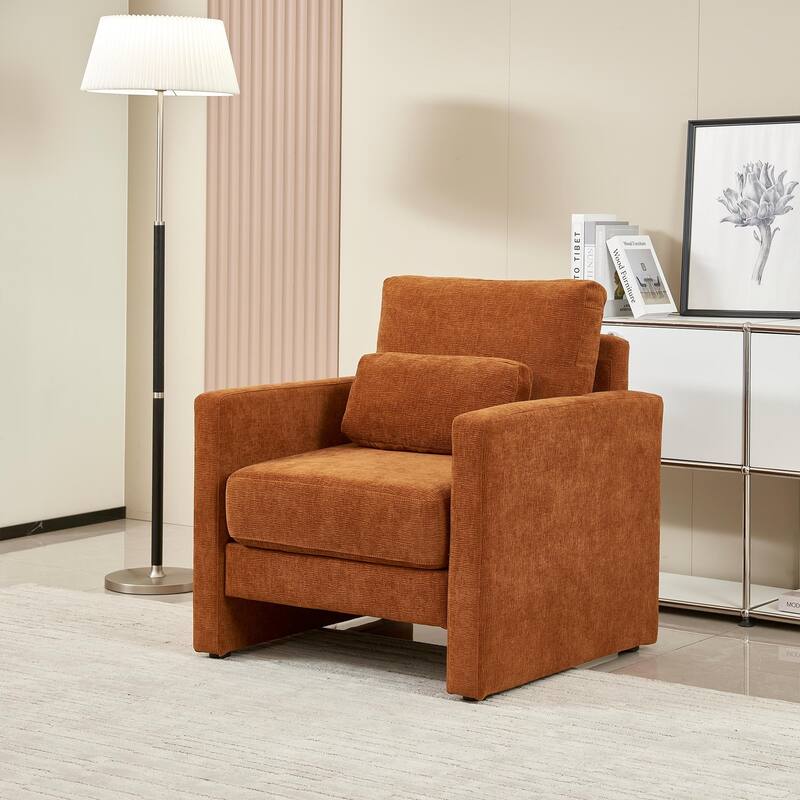 Modern Accent Chair, Chenille Upholstery Armchair - Modern Style, Solid Wood Frame - Ideal for Living Room, Bedroom, Office - Orange