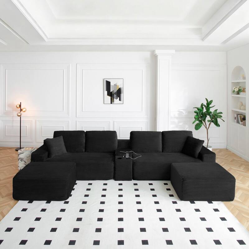 125'' U-Shaped Corduroy Sectional Sofa with Cup Holders, USB Ports and 2 Ottomans