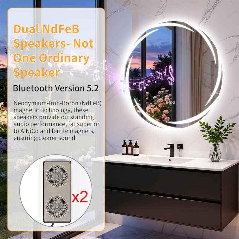 32" Round Bluetooth Speakers Vanity Mirror Wall Mounted Bathroom Mirror - 31.50"x31.50"