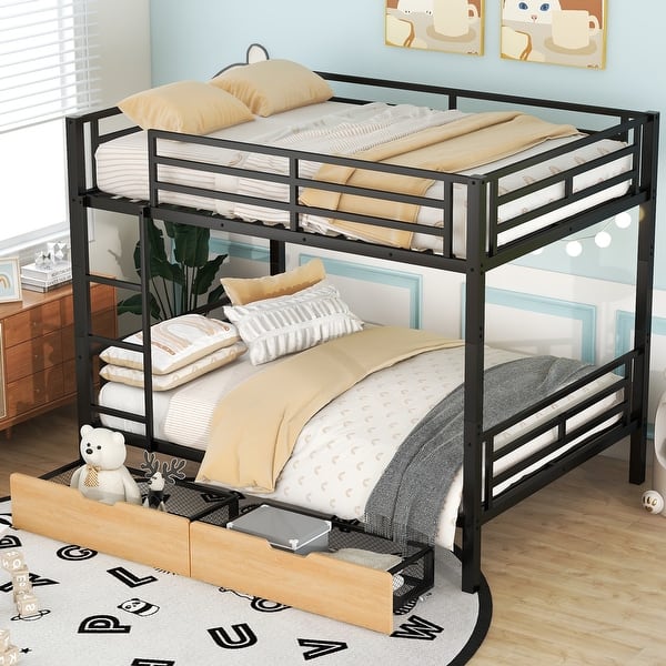 slide 2 of 12, Convertible Full Size Metal Bunk Bed Kids Bed with Two Storage Drawers,Ladder and Guardrail Black