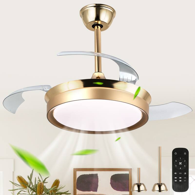 Cusp Barn 36 Inch Retractable Ceiling Fan with Lights, Modern 6 Speeds Silent DC Motor Fandelier Ceiling Fan for Bedroom - Gold