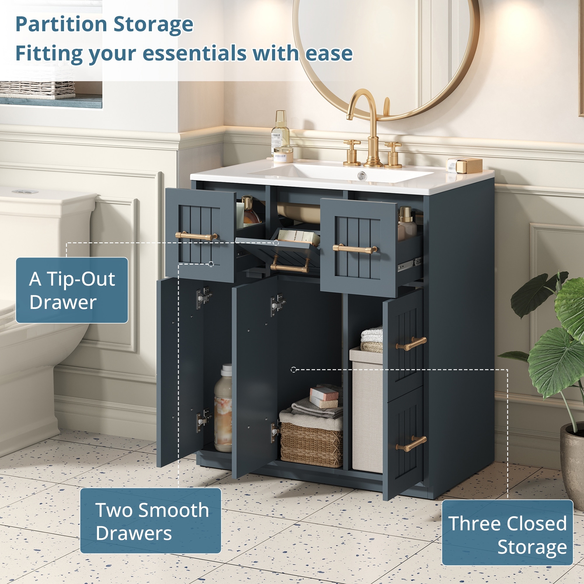 30" Bathroom Vanity Cabinet with Undermount Sink, Solid Wood Frame Bathroom Vanity Base & Ceramic Basin Set