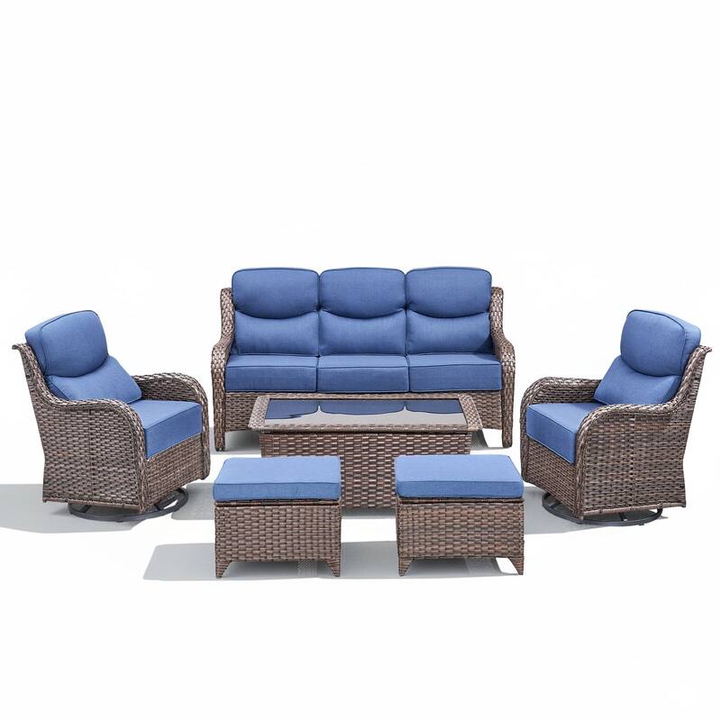 Arcadia 6-Piece Wicker Patio Conversation Set with Swivel Gliders and 6-Inch Thick Olefin Cushions