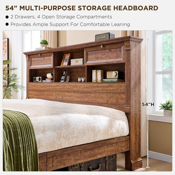 dimension image slide 4 of 10, Farmhouse Bed Frame with 54" Tall Storage Bookcase Headboard