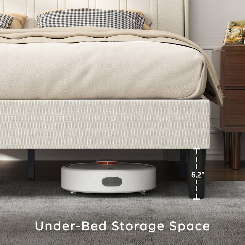 Platform Bed Frame with Fabric Upholstered Headboard and Wooden Slats Support, Fully Upholstered Mattress