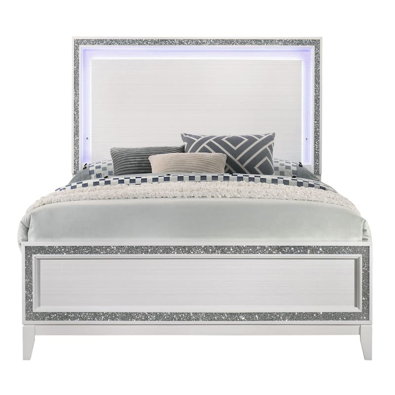 Elegant White Queen Bed with LED Headboard and Low-Profile Footboard