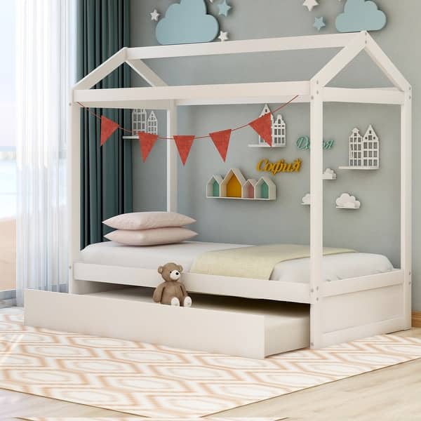 slide 2 of 13, Wooden Twin Size House Bed with Trundle, Pull-Out Trundle White
